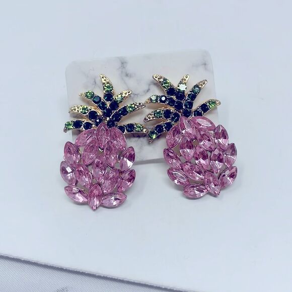 Pink Crystal Gem Pinaepple Studs Post Earrings - Picture 3 of 7